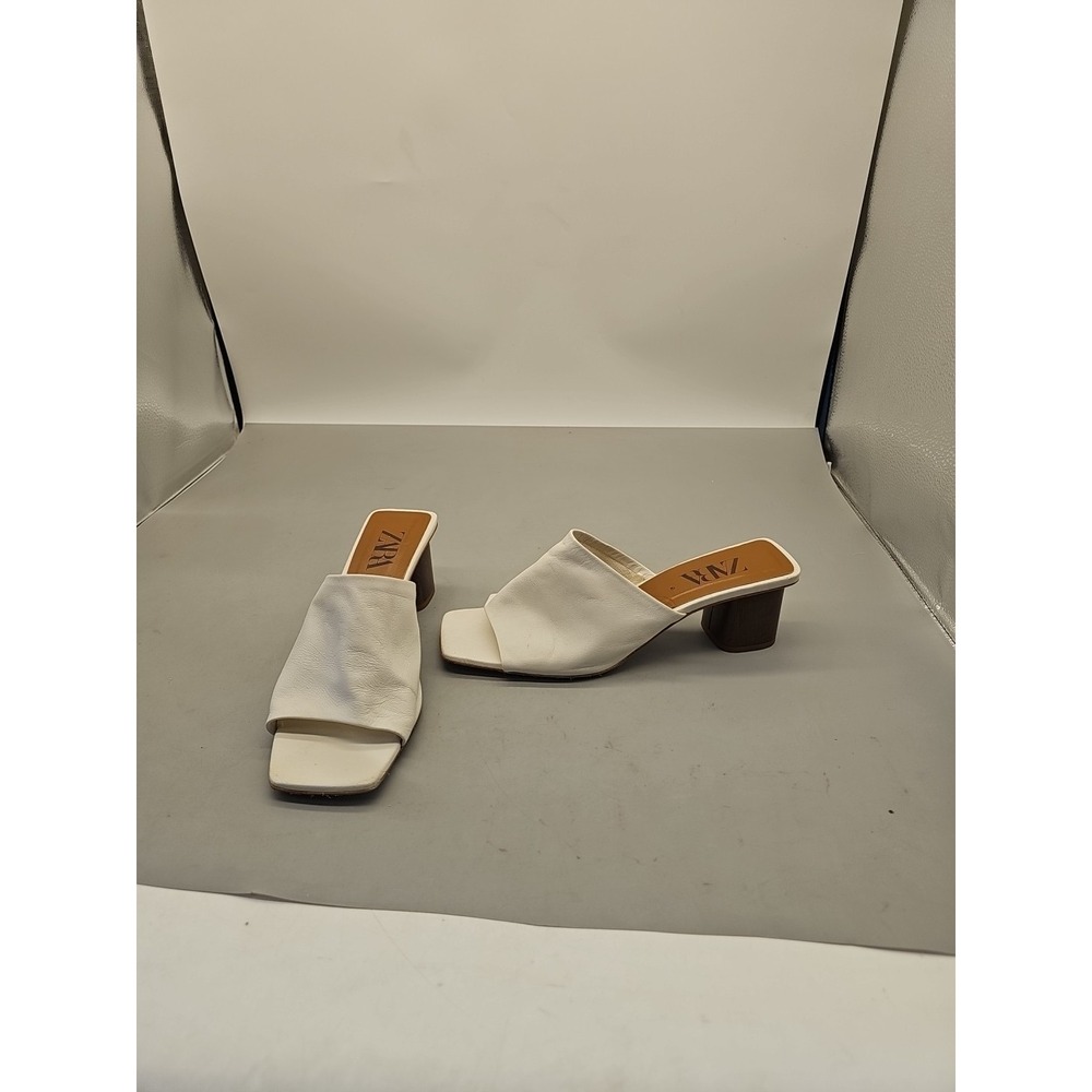 Leather Off White Zara Heels Size 10 (41) Wooden Block Heel‎ 2" Square Toe